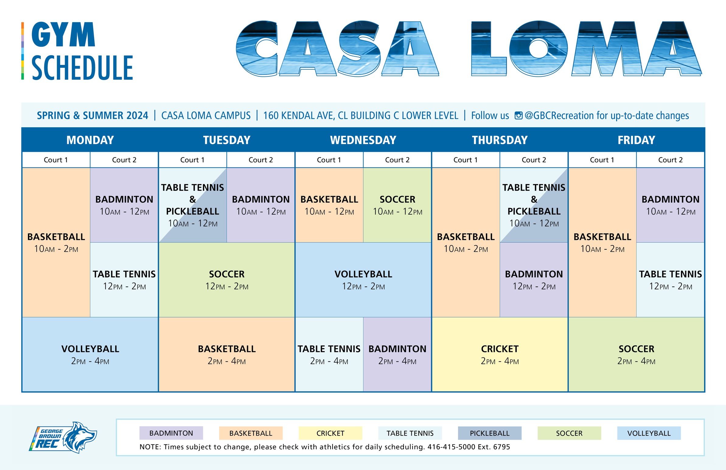 Casa Loma Open Gym Schedule Fall 2023