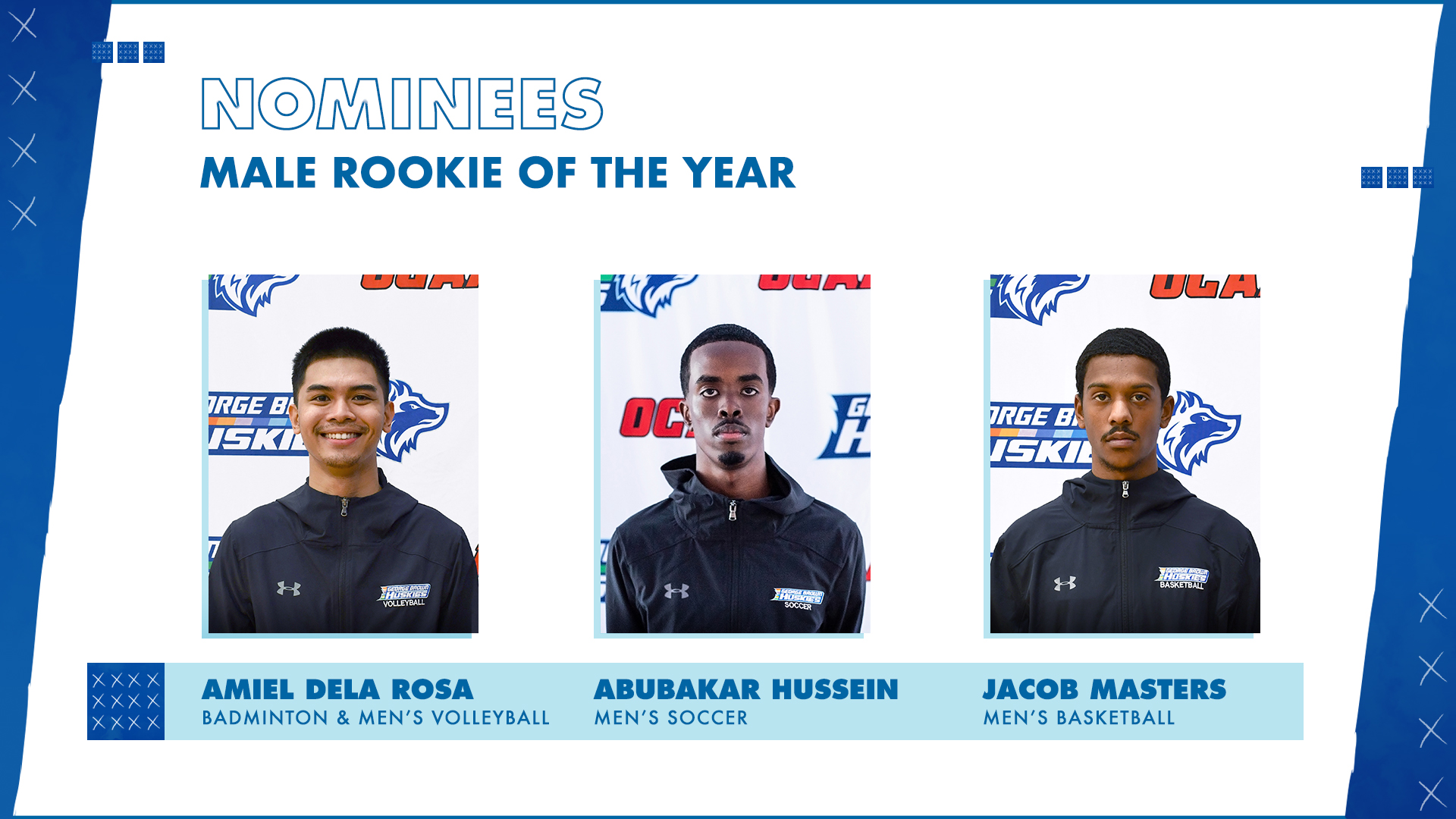 Nominees male rookie of the year amiel dela rosabadminton.mens volleyball Abubakar Hussein menssoccer JacobMasters mens basketball